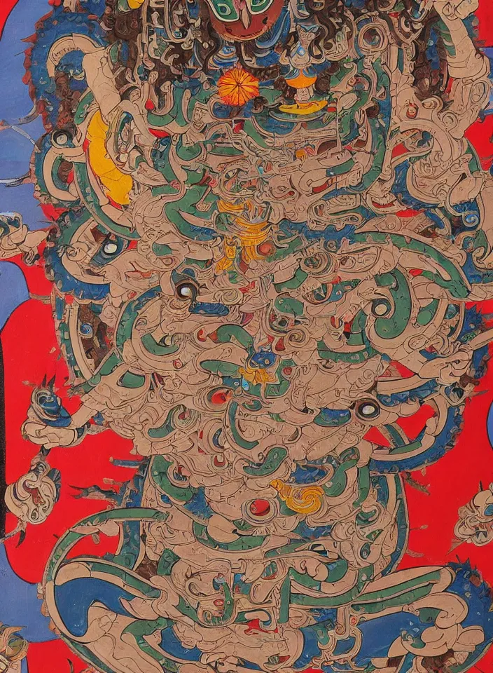 Prompt: a painting portraying a many-limbed many-headed cybernetic Yamantaka, traditional tibetan ART, boddhisatva