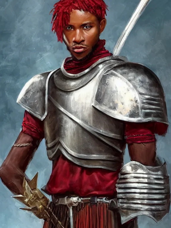 Prompt: cedric cromwell, solo male knight, young adult, short straight red hair, red hair, green eyes, darkskinned ethiopian! african skin, elaborate steel armor, longbow, clear symmetrical eyes, a male dnd knight's portrait, clear eyed, realistic, by brian patterson and rhads!!!, palette knife background