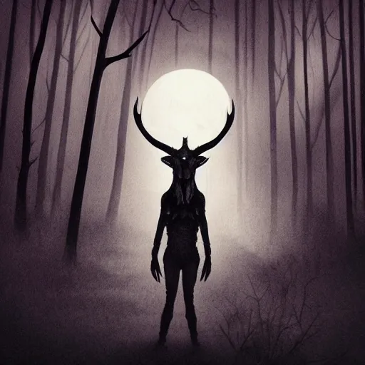 Prompt: creepy creature standing in a dark forest at night, two horns on had, standing on two legs, red eyes, moonlight, photorealistic, book cover