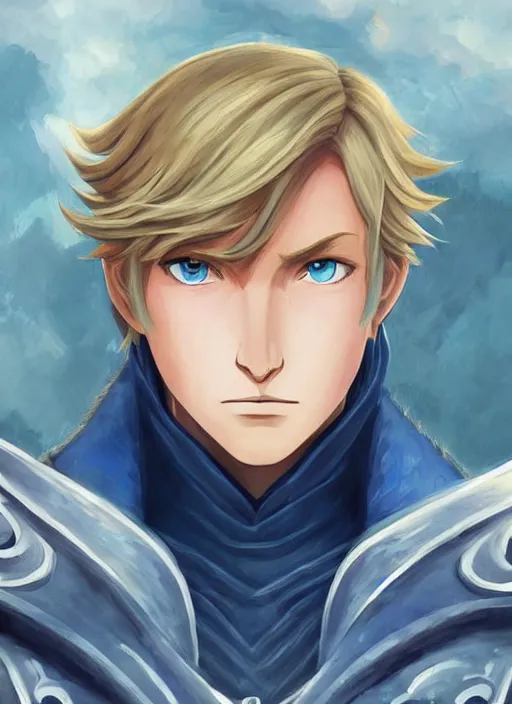 Image similar to portrait of anduin wrynn from wow, studio ghibli epic character with beautiful blue eyes, very beautiful detailed symmetrical face, blonde hair, bright colors, diffuse light, dramatic landscape, fantasy illustration