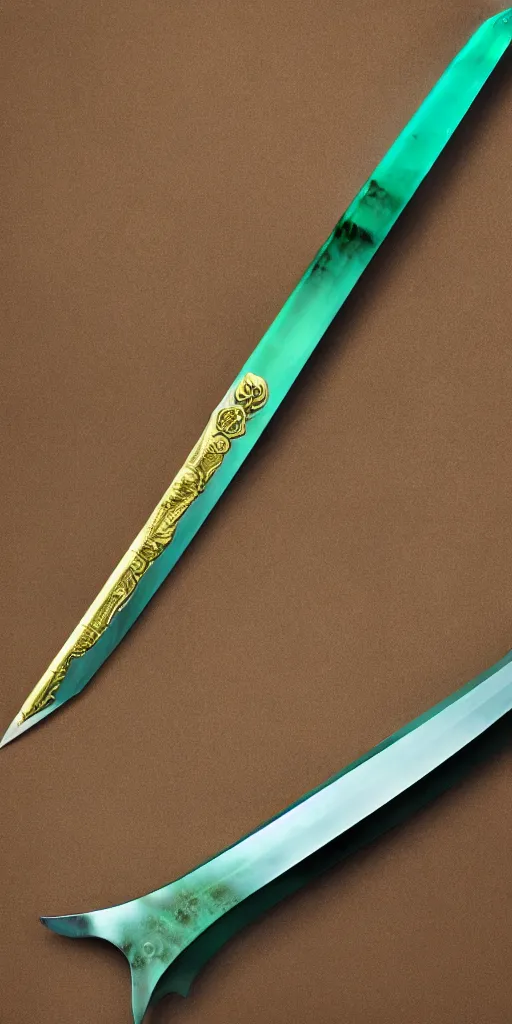 Image similar to photograph of a wide green and teal crystal sword blade attached to a big gold sword hilt