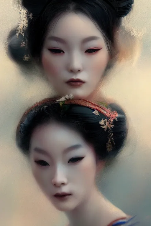 Image similar to geisha prima ballerina, gorgeous, ethereal, close-up portrait, intricate, elegant, volumetric lighting, scenery, digital painting, highly detailed, artstation, sharp focus, illustration, concept art, ruan jia, steve mccurry