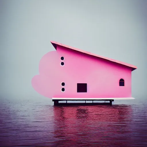 Image similar to a 5 0 mm lens photograph of a cute pink floating modern house, floating in the air between clouds, inspired by the movie up, held up from above by heartshaped ballons. mist, playful composition canon, nikon, award winning, photo of the year