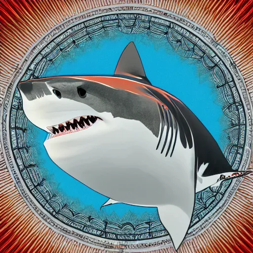 Image similar to great white shark, side view, with a silver and orange striped traffic cone construction cone on its dorsal fin, mandala background - ron cheng & alphonse mucha, highly detailed, digital painting, ray tracing, concept art, illustration, smooth sharp focus, intricate, symmetry, artstation,