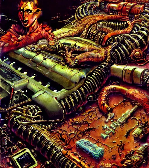 Prompt: junky boa constrictor, cybertronic gadgets and, flesh + technology, durty colours, night, rotten textures, rusty shapes, biotechnology, norman rockwell, tim hildebrandt, wayne barlow, bruce pennington, larry elmore, oil on canvas, deep depth field, masterpiece, cinematic composition, hyper - detailed, hd, hdr