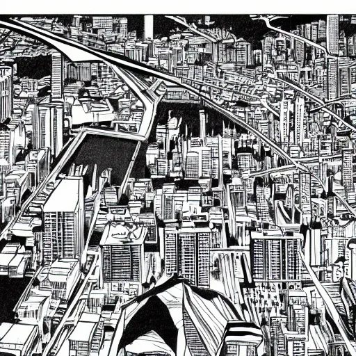 Image similar to a manga page showing a city from above,