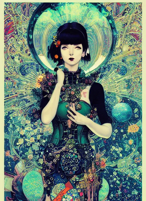 Image similar to cute punk goth fashion fractal cosmonaut girl by Zhang Jingna, punk poster art by Victor Moscoso Dan Mumford Kilian Eng Hannah Jeffrey Smith Rick Griffin Alphonse Mucha Gustav Klimt Ayami Kojima Amano Charlie Bowater