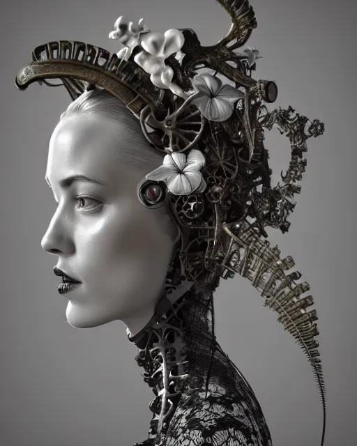 Prompt: monochrome 3 d model, 1 9 4 0 picture, floral metal steampunk biomechanical beautiful young female cyborg with porcelain profile face and a techno eye, volumetric light, leaves foliage and stems, hibiscus flowers, sinuous fine roots, fine foliage lace, alexander mcqueen, rim light, big gothic fashion pearl embroidered collar, octane render, 8 k