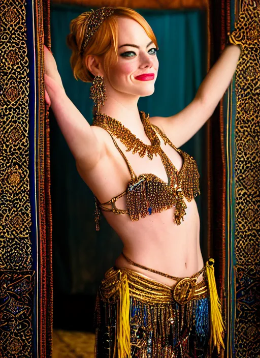 Image similar to portrait of emma stone as a belly dancer in a persian palace, by charlotte grimm, natural light, detailed face, beautiful crossed hands,, canon eos c 3 0 0, ƒ 1. 8, 3 5 mm, 8 k, format print, half body shot