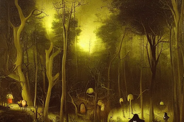 Image similar to dark and spooky painting of a forest dimly lit at night with scary hieronymus bosch creatures hiding in the woods. muted colour palette, detailed oil painting by asher brown durand