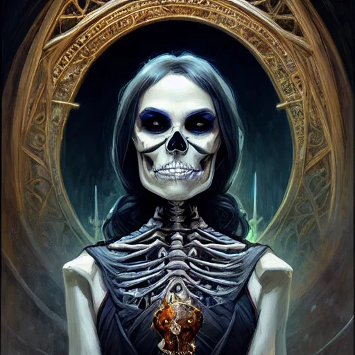 Image similar to portrait of an undead skeleton necromancer, D&D, fantasy, intricate, elegant, highly detailed, digital painting, artstation, concept art, smooth, sharp focus, illustration, art by artgerm and greg rutkowski and alphonse mucha