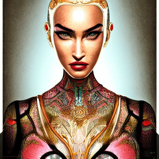 Image similar to the portrait of an absurdly elegant, sophisticated, fashionable ottomanpunk robotess idol, an ultrafine illustration of young african megan fox mix by kim jisu, intricate linework, neon wiring, fashion, porcelain skin, unreal engine 5 highly rendered, global illumination, radiant light, detailed and intricate environment, by rutkowski, artgerm, marvel comics