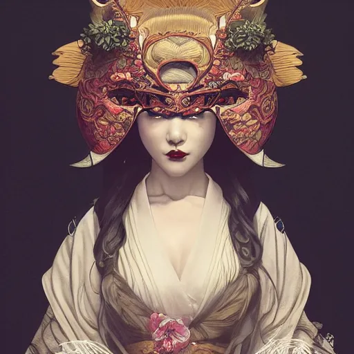 Image similar to a photorealistic dramatic fantasy render of a beautiful woman wearing a beautiful intricately detailed japanese monkey kitsune mask and clasical japanese kimono by wlop, artgerm, greg rutkowski, alphonse mucha, beautiful dynamic dramatic dark moody lighting, shadows, cinematic atmosphere, artstation, concept design art, octane render, 8 k