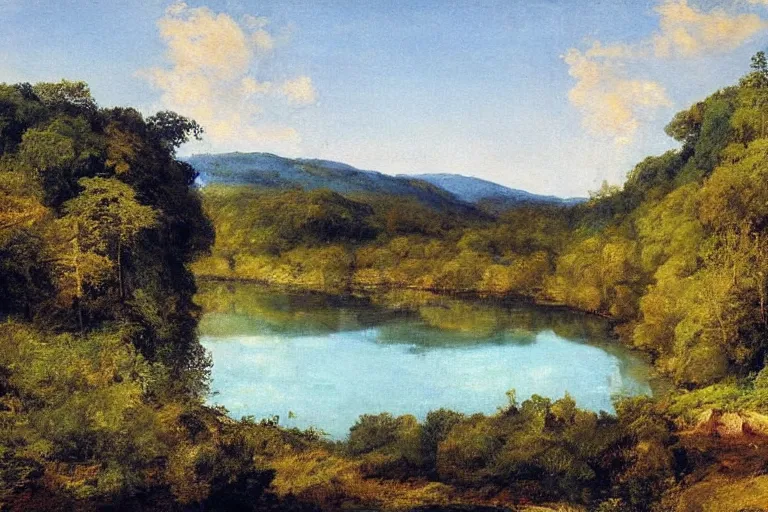 Prompt: two rivers converge to form one larger river, appalachian mixed mesophytic forest, vibrant blue sky background, by Cortes Thurman the greatest Barbizon artist ever known and by Miyazaki, rendered in hyperdetailed Ultra HD