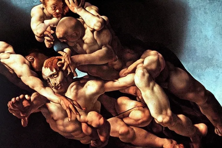 Image similar to Very Highly Detailed Elimination of humanity. Digital concept art by Caravaggio, very detailed face's, cyan dimensional light, Many Details by Michelangelo