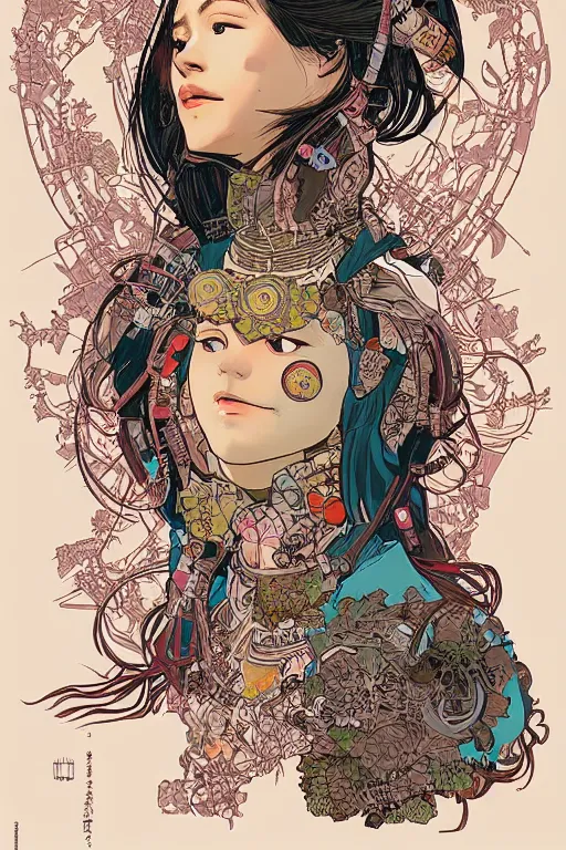 Image similar to beautiful cyborg portrait girl female illustration detailed patterns art of thai traditional dress, pop art, splash painting, art by geof darrow, ashley wood, alphonse mucha, makoto shinkai