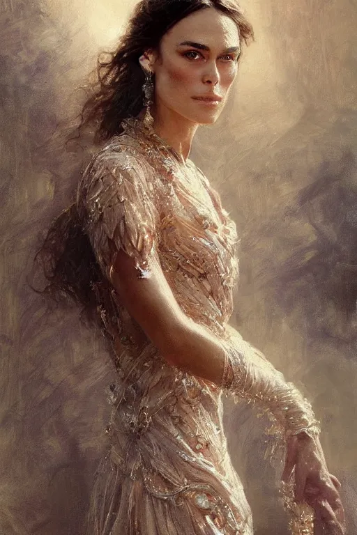 Image similar to detailed realistic cinematic shot of beautiful attractive keira knightley wit slim face symettrical face clean skin, wearing long intricate dress, smooth, sharp focus, ultra realistic, spring light, painting by gaston bussiere, craig mullins, j. c. leyendecker