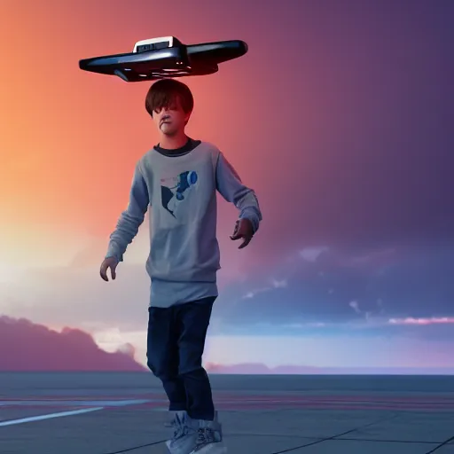 Image similar to film still of a teenage boy riding a hoverboard through the sky, sunset, golden hour, clouds. golden ratio. cinematic volumentric lighting space. octane render. concept art. trending on artstation