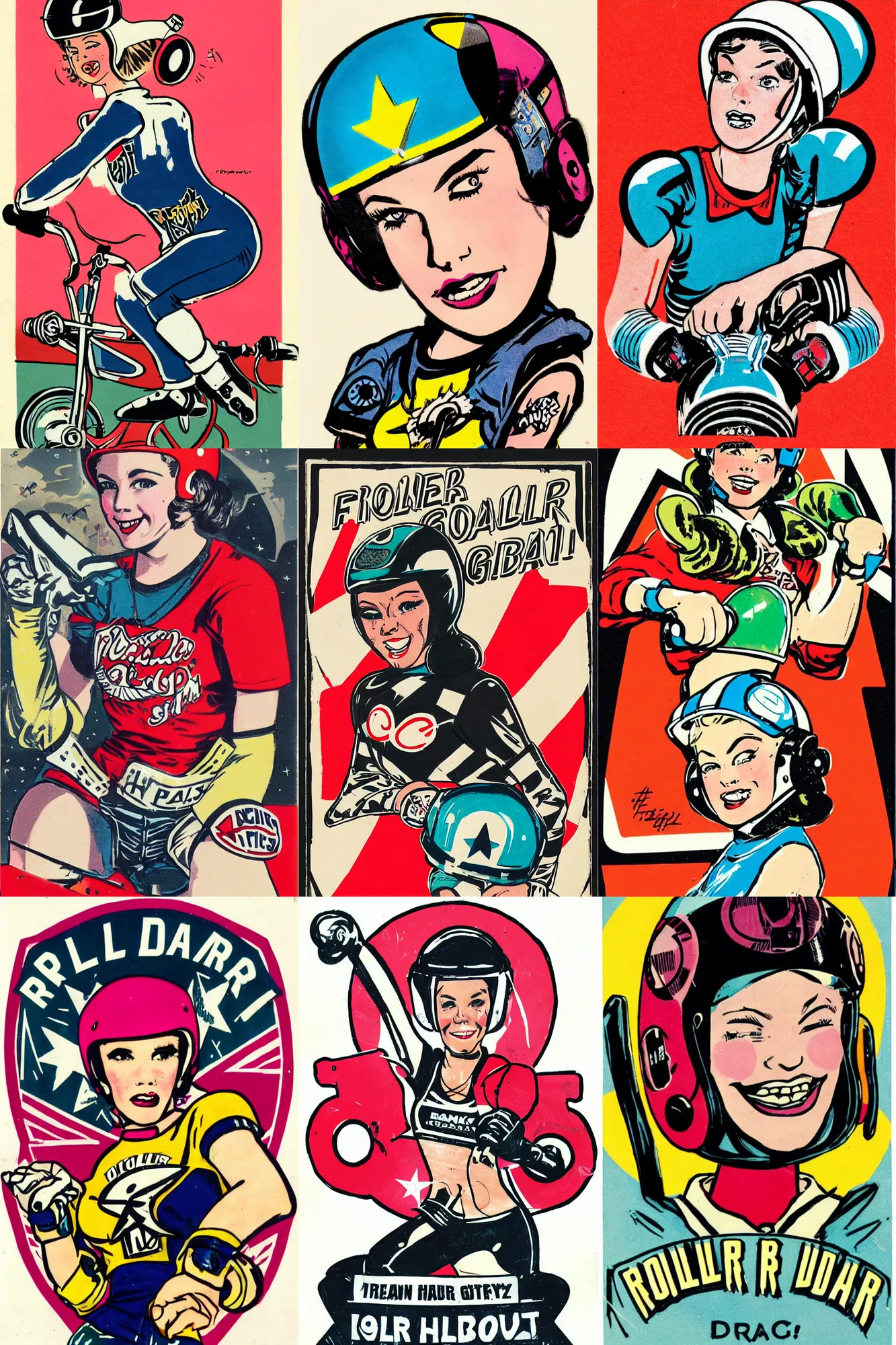 Prompt: roller derby girl portrait, logo, wearing helmet, Frank Hampson and mcbess, 1950s