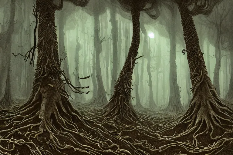 Prompt: in the black wind, gnarled forest, trees on a darkling plain, tree roots, drawn by christan delort and jean gireaud, low camera, wide angle, centered composition, golden ratio
