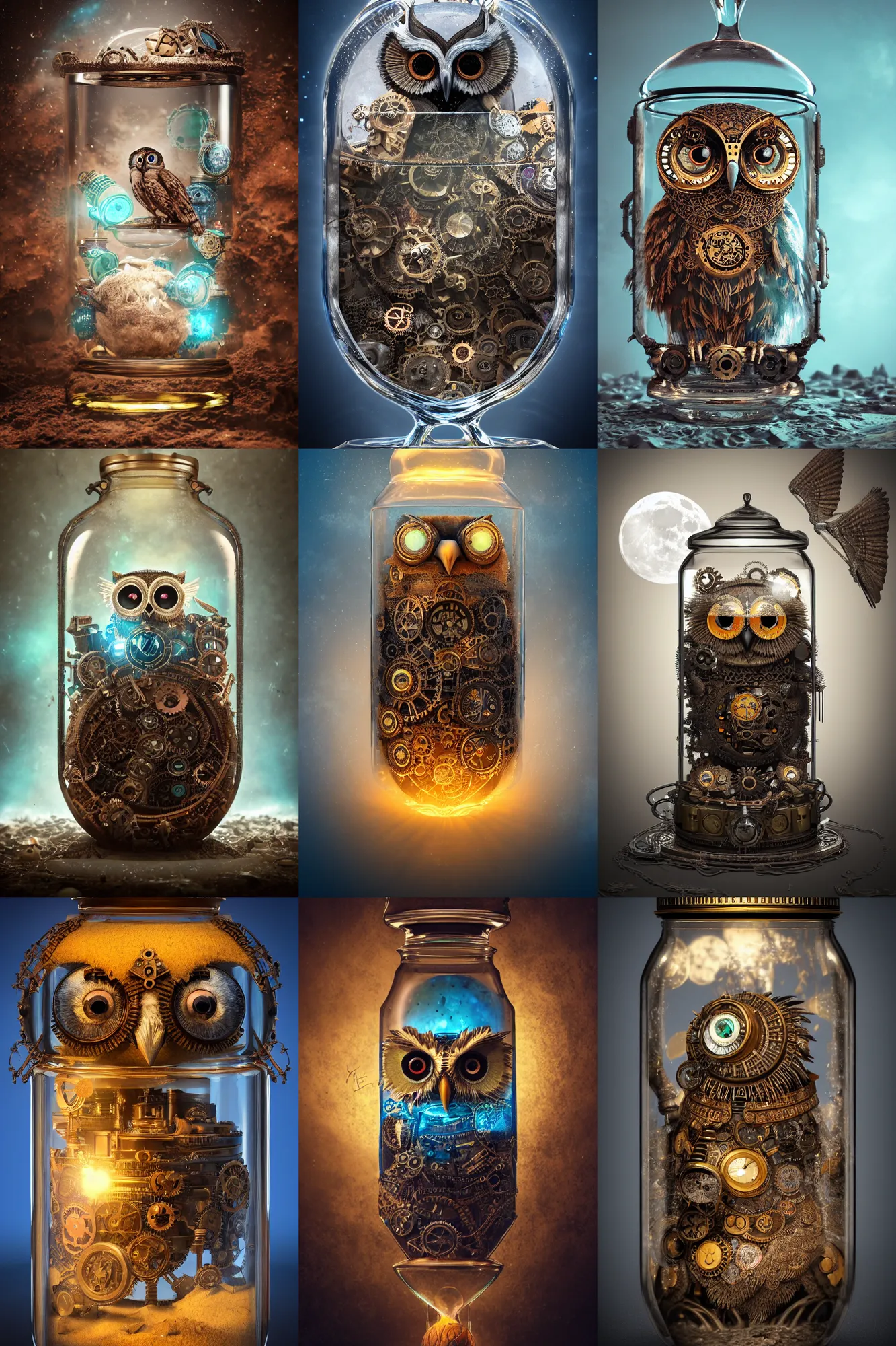 Prompt: steampunk aztec owl inside a glass jar buried in sand, hourglass, intricate detail, volumetric lighting, epic composition, hyper detailed, ultra realistic, sharp focus, octane render, volumetric, blue moon, ray tracing, artstation trending, cgsociety, sense of awe, swirling mist, 4 k