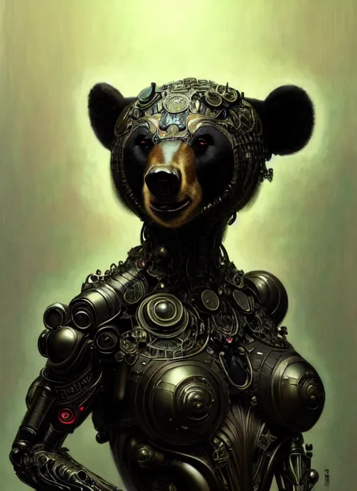 Image similar to organic cyborg, anthropomorphic asian black bear, diffuse lighting, fantasy, intricate, elegant, highly detailed, lifelike, photorealistic, digital painting, artstation, illustration, concept art, smooth, sharp focus, art by John Collier and Albert Aublet and Krenz Cushart and Artem Demura and Alphonse Mucha