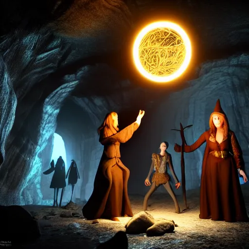 Prompt: witches and wizards standing around a magical orb in a cave ,highly detailed, 4k, HDR, award-winning, artstation, octane render