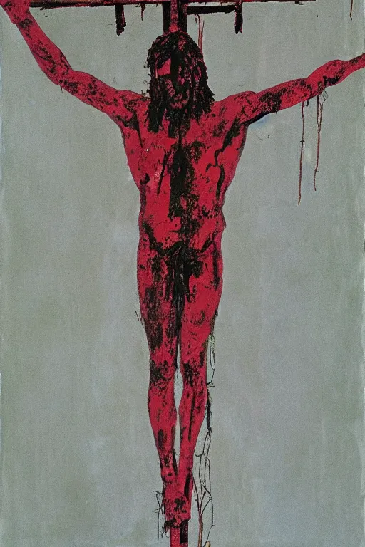 Image similar to bloody jesus christ crucified painted by cy twombly and andy warhol