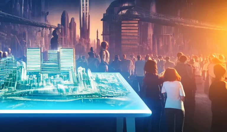 Prompt: crowd of people in large open museum, looking at hologram of futuristic city on a table, cinematic concept art, godrays, golden hour, natural sunlight, 4 k, clear details, tabletop model buildings, center model buildings, hologram center, crane shot, interior panorama