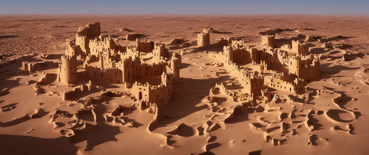 Image similar to an epic castle city standing in Sahara Desert in winter, warm lighting, by Michelangelo