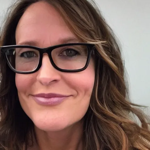 Prompt: 4 5 year old french and swedish woman, brown hair!, looks kind of like chubby candace cameron and jennifer garner, nerdy music teacher with phd, labile temper, wears oprah glasses, from wheaton illinois