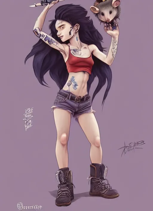 Prompt: character portrait of a anthro opossum girl fursona wearing a tanktop and shorts with arm tattoos. Character design by charlie bowater, ross tran, artgerm, and makoto shinkai, detailed, inked, western comic book art