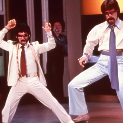 Prompt: A still of Walter White boogying in Saturday Night Fever (1977)