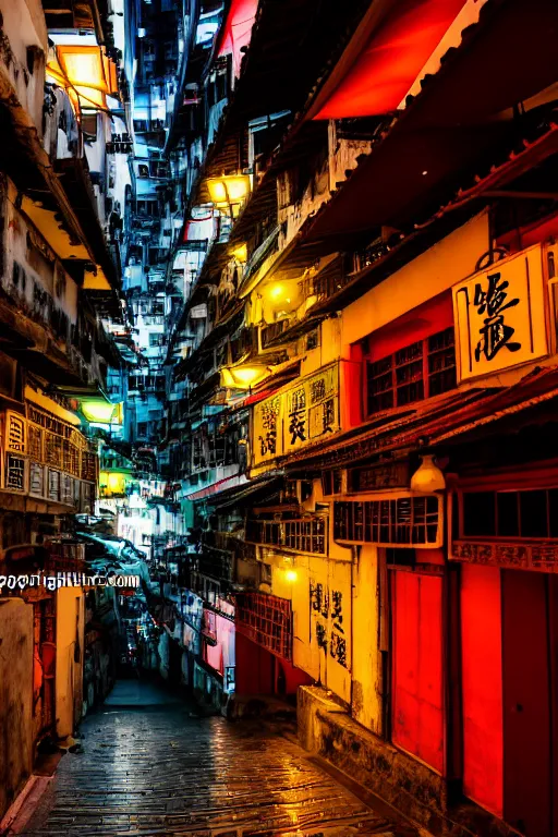 Image similar to an interior view of an old walled city in Hong Kong, colorful, dated and old, dark moody lighting, night, very detailed, photoreal, 8k, canon 20mm lens