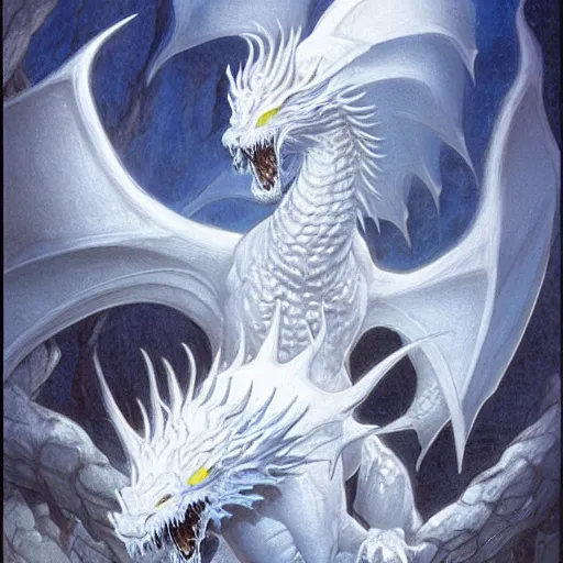 Image similar to a white dragon breathing frost, dungeons and dragons, digital art, by John Howe and Alan Lee and Larry Elmore