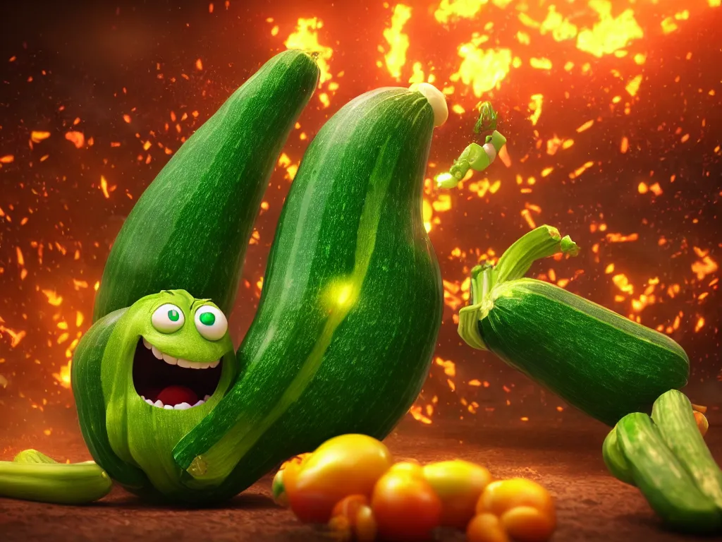 Image similar to detailed 3 d render of a raging zucchini!! character chasing!! down a desperate tomato!, high speed action, explosions, dramatic scene, hyper realistic octane render, cinematic lighting, deviantart, black sky, lowbrow, frame from pixar movie