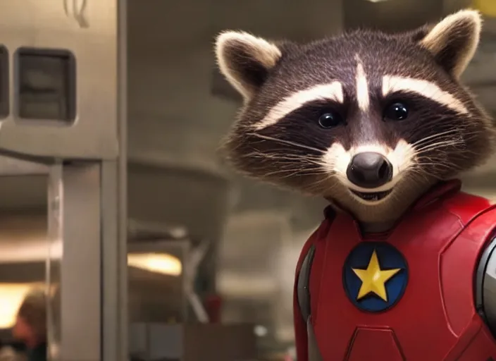 Prompt: film still of Rocket Racoon working at McDonald's in the new Avengers movie, 4k