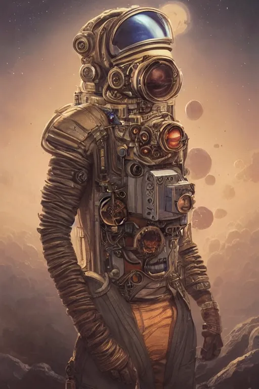 Image similar to steampunk astronaut on earth, highly detailed, d & d, fantasy, portrait, highly detailed, headshot, digital painting, trending on artstation, concept art, sharp focus, illustration, art by artgerm and greg rutkowski and magali villeneuve