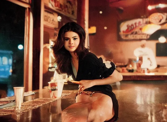 Image similar to a candid, color cinema film still of a selena gomez as a waitress at hooters having a cigarette out back, cinematic lighting at night.