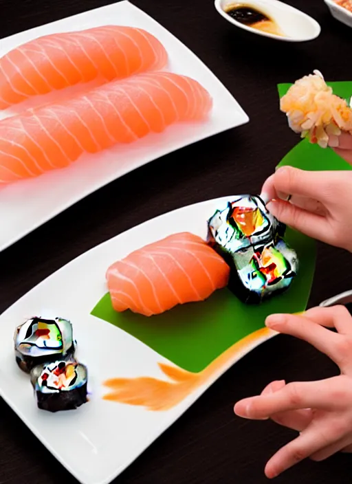 Image similar to clear photograph of cute cats stealing sushi from sushi plates