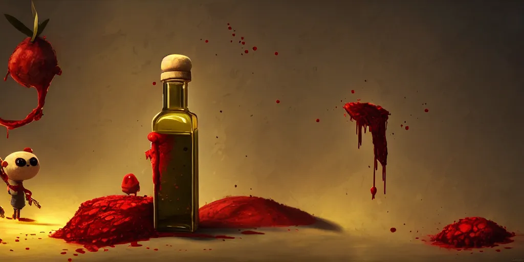 Prompt: olive oil made of blood. cute, illustration, digital art, inspired by little big planet, by greg rutkowski, detailed, sharp, masterpiece, highly detailed, photorealistic, octane render, 8 k, unreal engine 5, trending on artstation