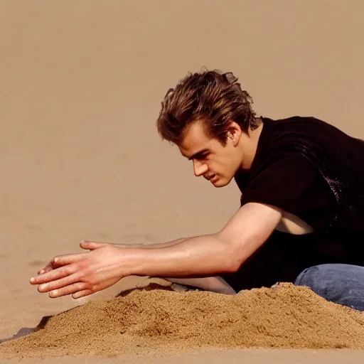 Image similar to Hayden Christensen in Attack of the Clones eating sand by scooping it up in his hands, close up, 4K photography, cinematographic