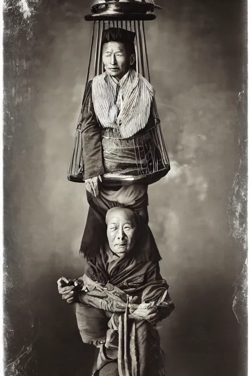 Image similar to ultra realistic vintage photo portrait of a tibetan man with a birdcage in place of the chest, by Annie Leibovitz,