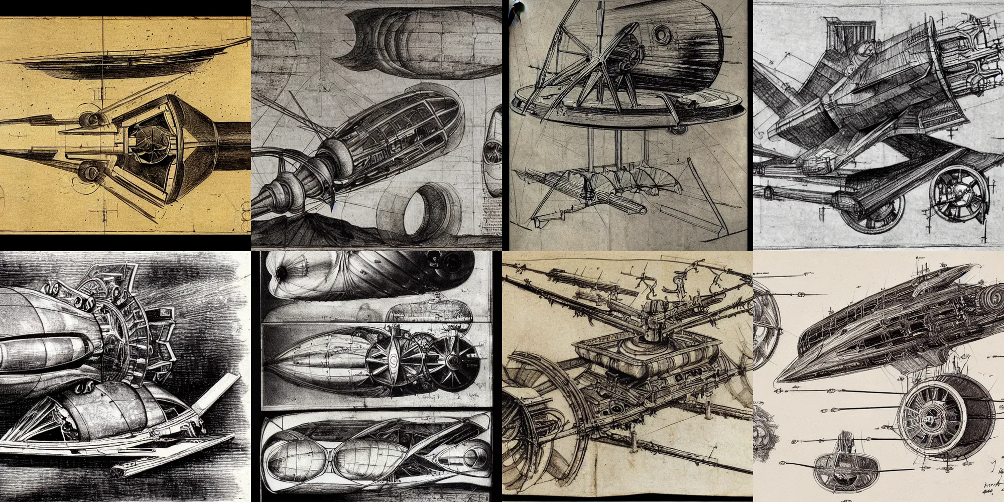 Prompt: Sketch of an exploded view of an extra terrestrial vehicle by Leonardo Da Vinci with comments and highly detailed.