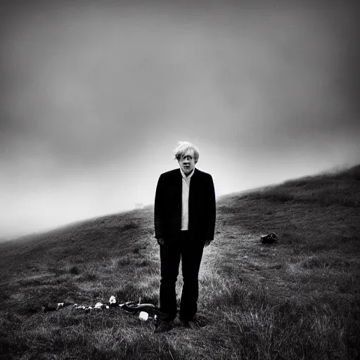 Image similar to Boris Johnson with a wide grin standing on a hill with a dead bodies in the background, black and white, creepy lighting, foggy atmosphere, scary, horror, ornate, eerie, fear
