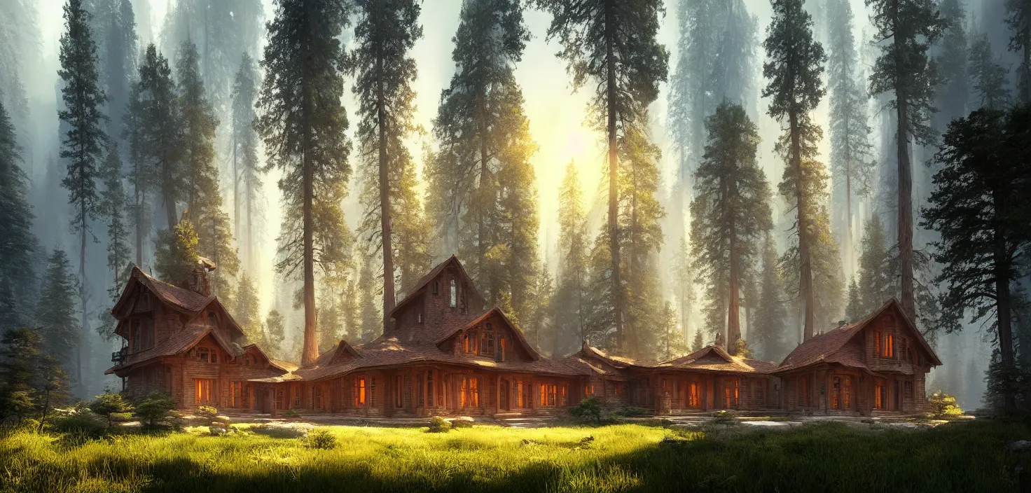 Image similar to random mystic house in sequoia forest incredible, vector art, octane render, fabulous, hyper detailed, random cinematic view, no noise, global illumination, warm lighting, volumetric, godrays, vivid, beautiful, by jordan grimmer