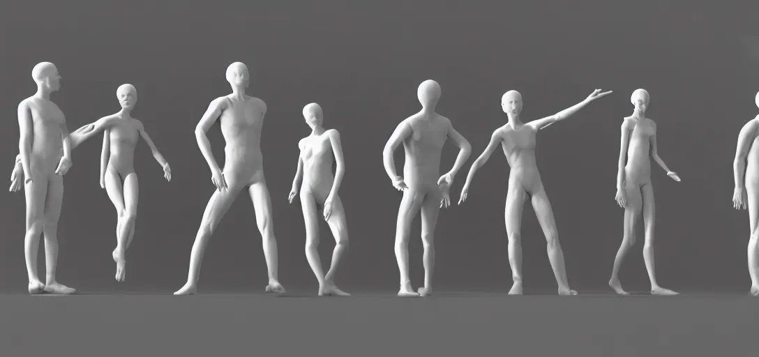 Image similar to multiple interacting human figures, real anatomy, daz, occlusion, high contrast, very long soft shadows, on white