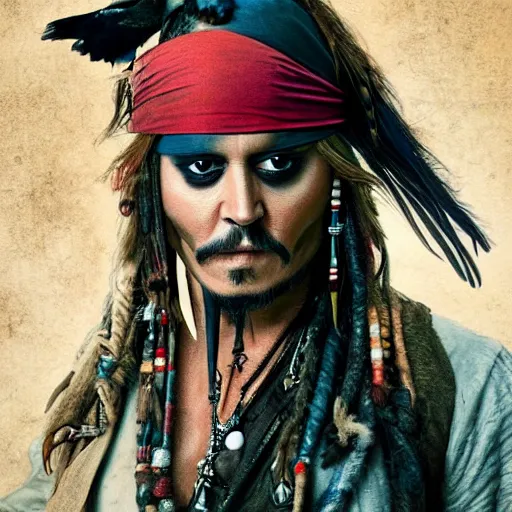 Image similar to johnny depp as jack sparrow with a parrot on the shoulder, realistic portrait, 8k resolution, hyper detailed, dramatic lighting, cinematic