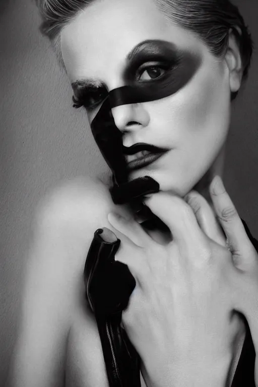 Prompt: a fashion photo portrait of Bernie Sanders, full makup, smokey eye, fetish, leather, pvc, medium shot. In the style of Helmut newton, robert maplethorpe, Stefano Brunesci, Lachlan Bailey, Herb Ritts, Ellen Von Unwerth, Haris Nukem, Sardax, Annie Leibovitz. detailed photo, hd, 4k, trending on artstation, b&w, 35mm, f1.8
