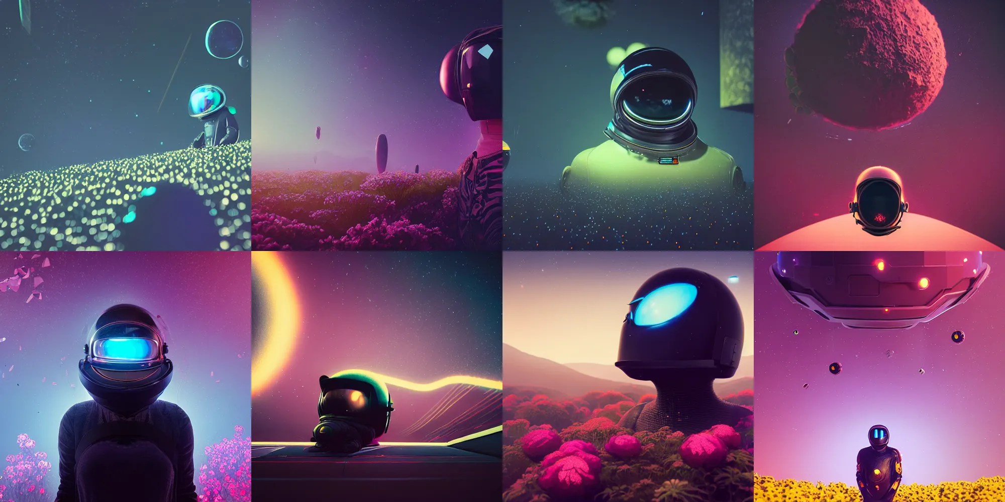 Prompt: beautiful dark landscape, black cat wearing space helmet, beautiful flowers, in the style of beeple and mike winkelmann, intricate, epic lighting, cinematic composition, hyper realistic, 8 k resolution, unreal engine 5, raytracing, ultraviolet colors,